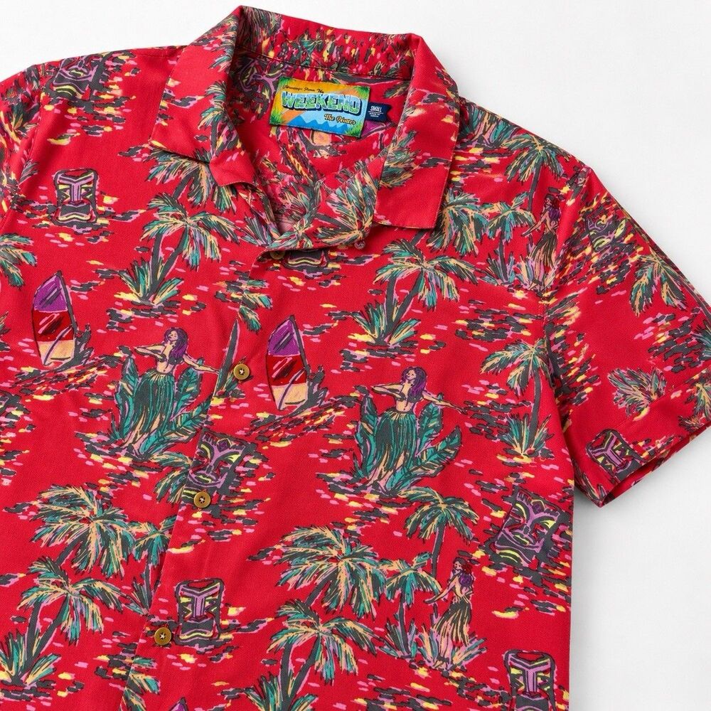 Chubbies Weekend The Nutter Hawaiian Shirt Red Floral Hula Girl Tropical Men's S